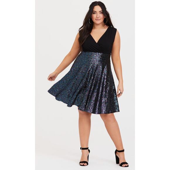 Torrid Special Occasion Black Sequin Skater Dress Womens Plus Size 30 V Neck - Picture 1 of 11